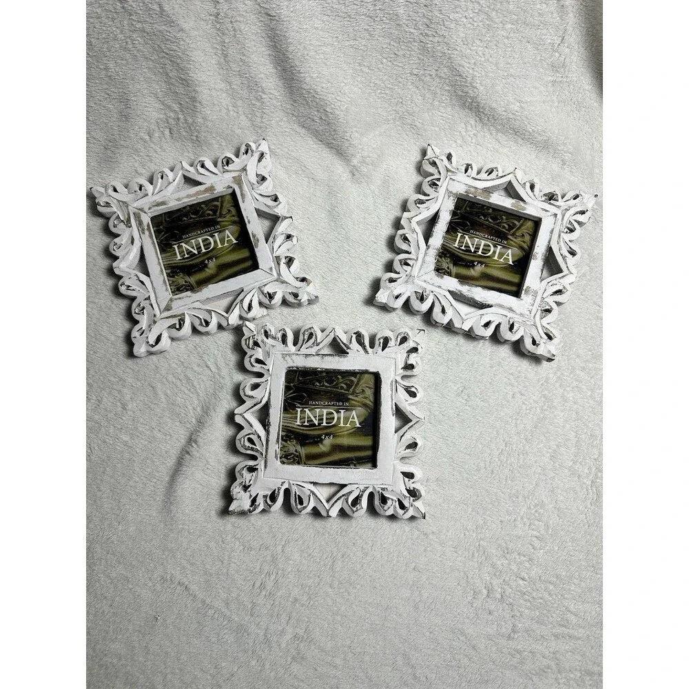 Set of 3 Handcrafted India Distressed White Wood 4x4 Picture Frames Shabby Chic